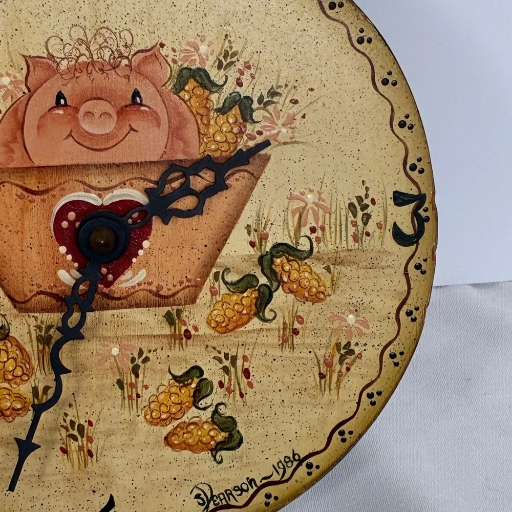 Vtg Pig Folk Art Clock Hand Painted Wood 1986 Country Farmhouse Cottage Kitsch